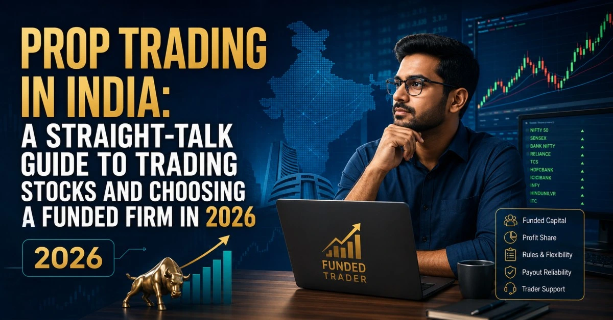 Indian trader comparing best prop firms in India 2026 on a multi-monitor trading desk