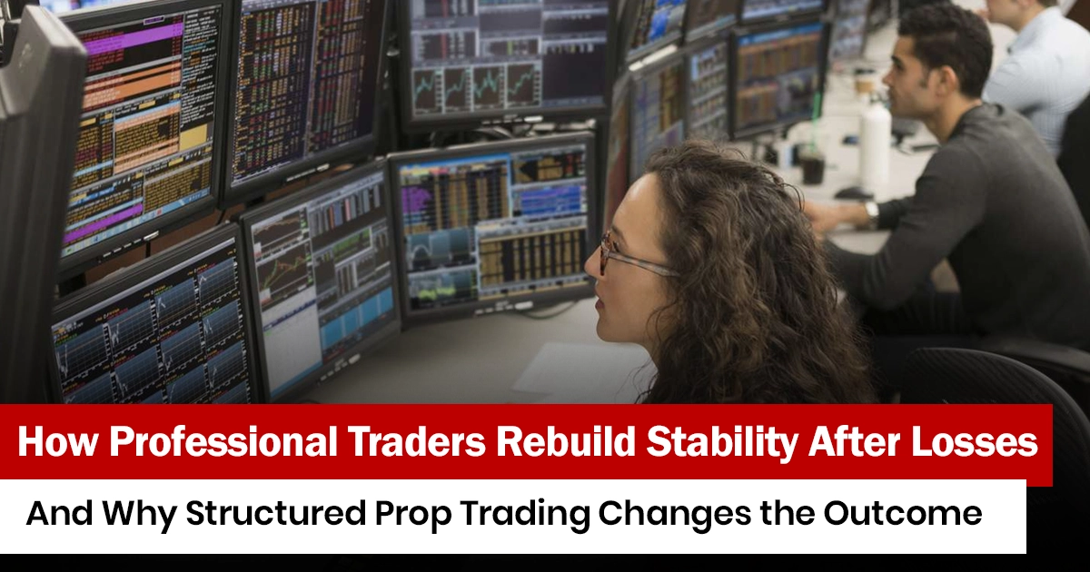 Professional traders analyzing multiple trading screens in structured prop trading environment after managing losses