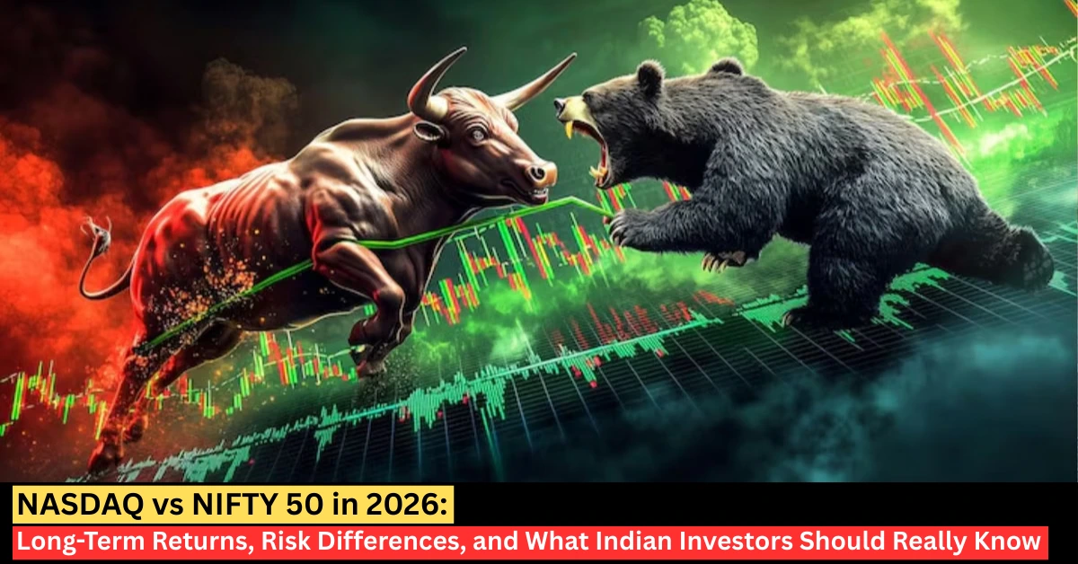 Bull vs bear market illustration comparing NASDAQ and NIFTY 50 long-term returns and risk differences for Indian investors