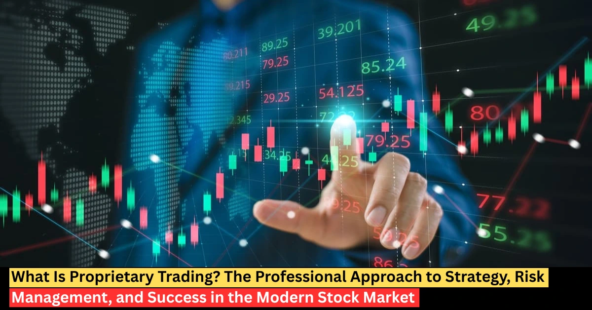 Digital stock market trading screen with candlestick charts and price data illustrating proprietary trading strategies and modern equity trading systems.