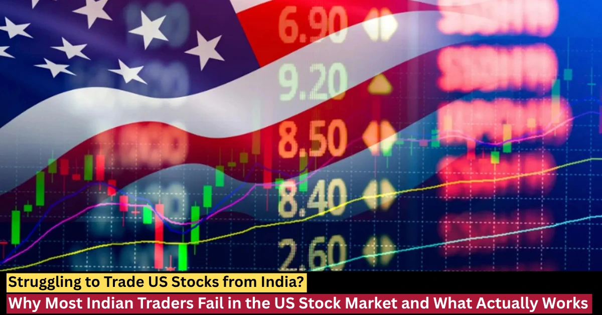 US stock market trading chart with US flag representing Indian traders struggling to trade US stocks