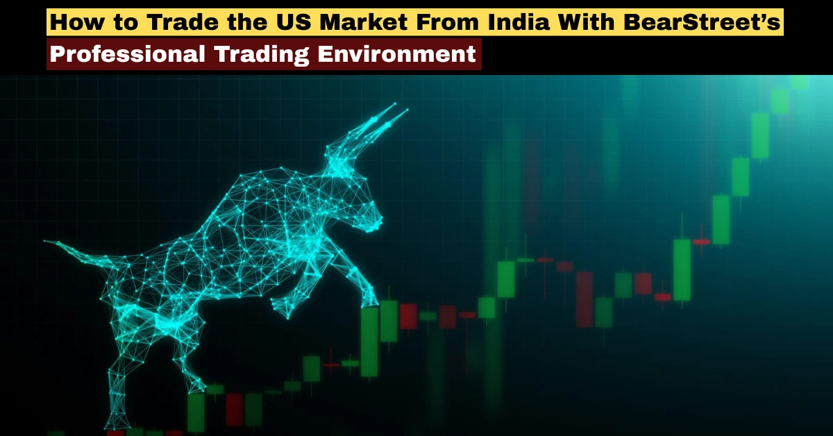 Digital bull with rising candlestick chart representing US market trading from India with BearStreet professional trading environment.