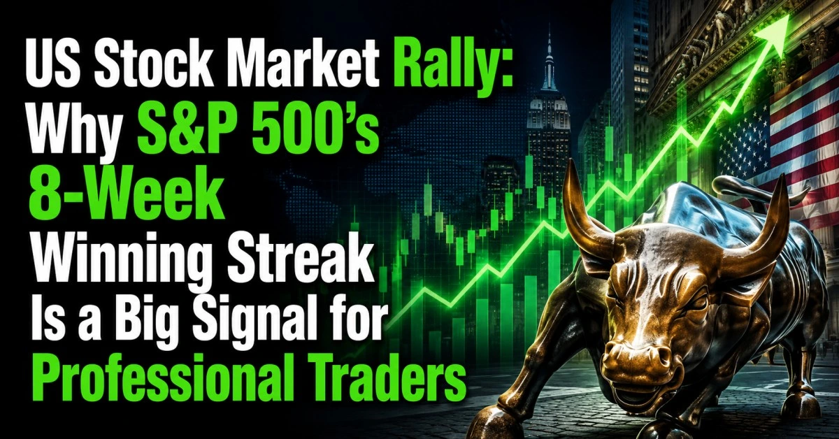 S stock market rally with S&P 500 8-week winning streak, bullish Wall Street chart, Dow Jones momentum and professional traders market signal.