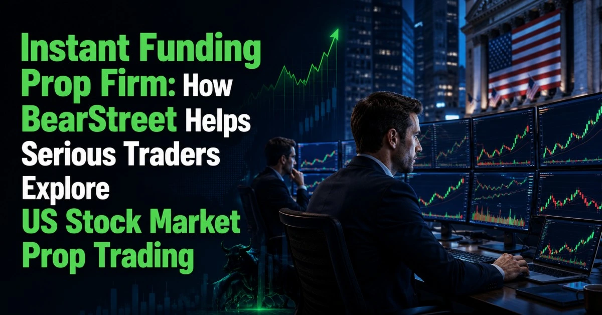 Instant funding prop firm BearStreet for US stock market prop trading with professional traders analyzing stock charts in a trading desk environment.