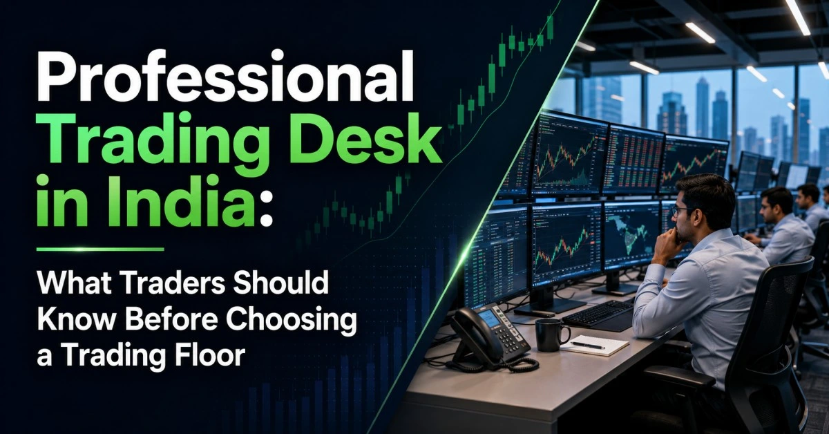 Professional trading desk in India with traders working on live market screens in a structured trading floor environment