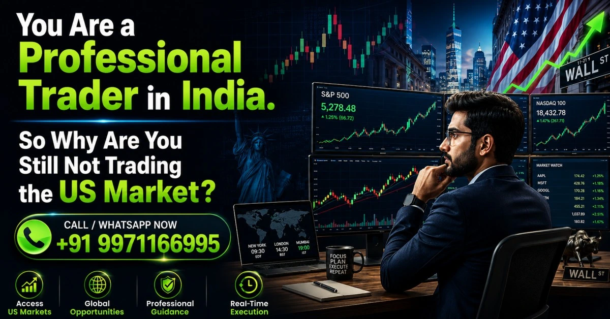 Professional Indian trader analyzing US stock market charts with NASDAQ, S&P 500, Wall Street visuals and BearStreet contact number for US market trading.