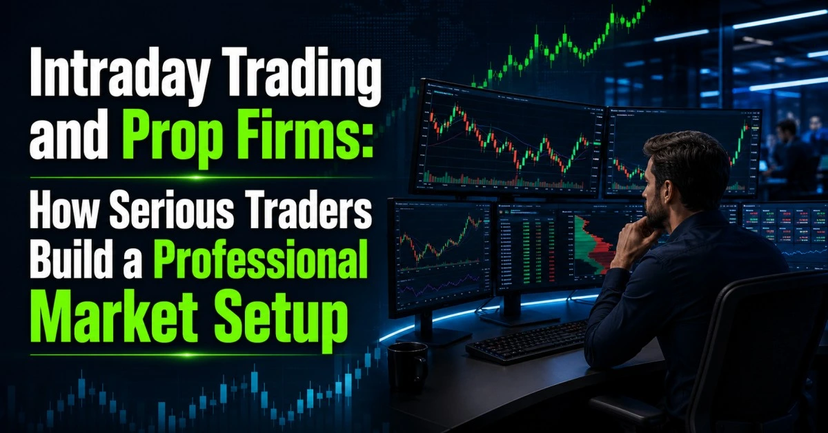 Intraday trading setup with professional trader, stock charts, day trading platform, option trading tools, and BearStreet prop firm environment.