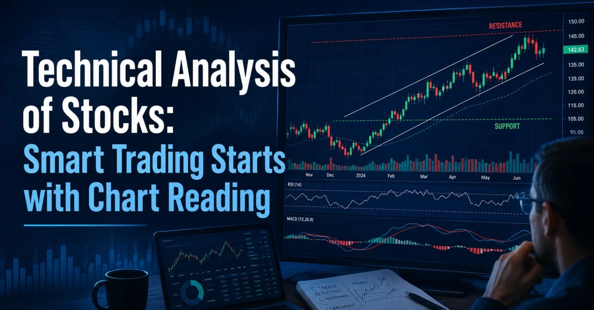 Technical analysis of stocks with candlestick chart, market trends, support and resistance levels for trading analysis