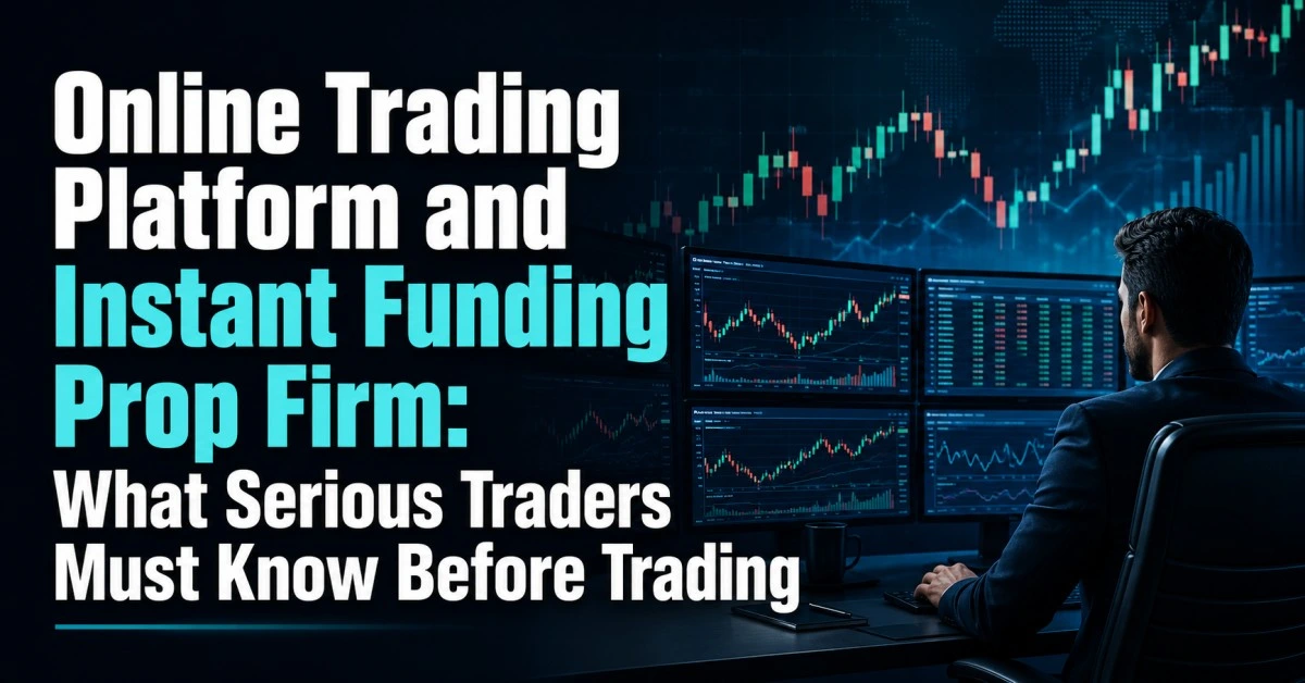 Online trading platform and instant funding prop firm concept image showing serious trader, trading screens, market charts and structured trading setup