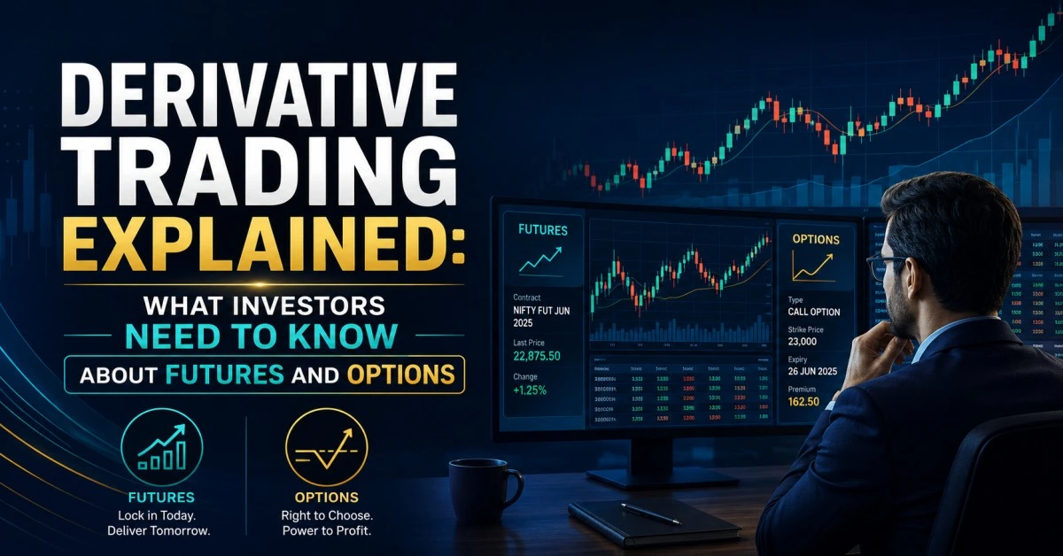 Infographic explaining derivative trading instruments including futures contracts and equity options with a comparison table