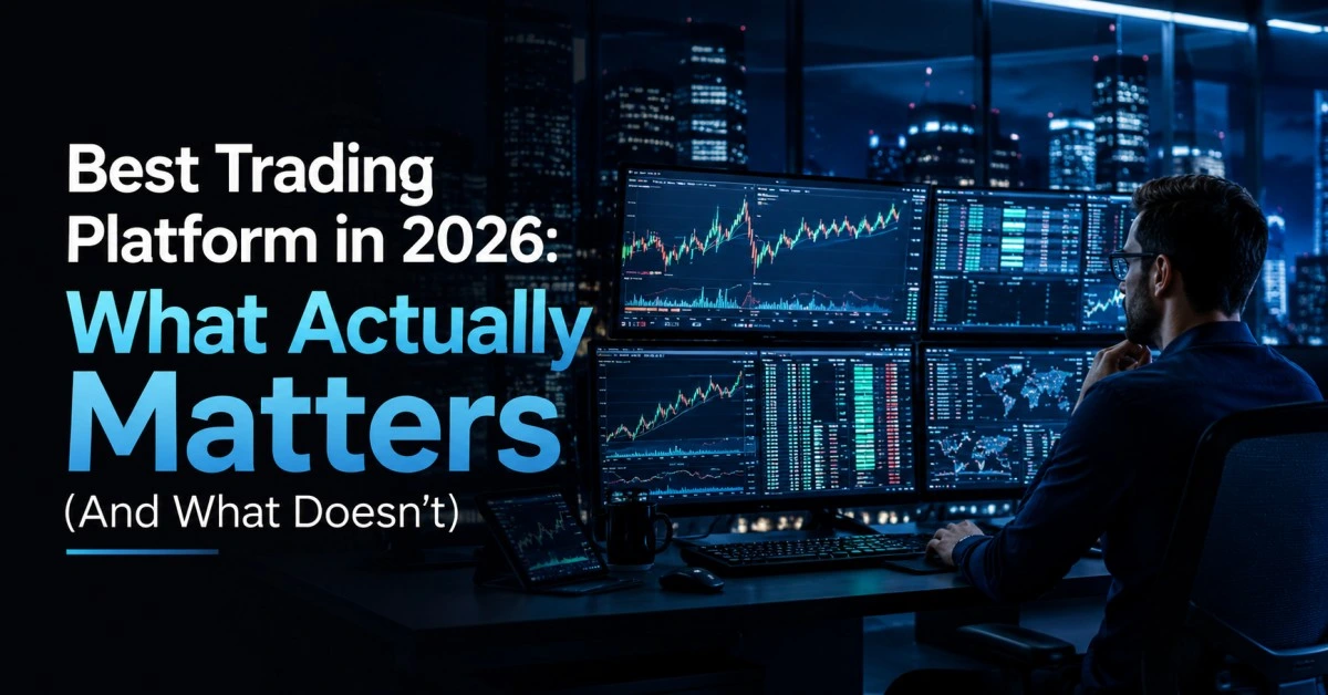 Trader comparing the best trading platforms and stock trading apps on a laptop and phone for 2026